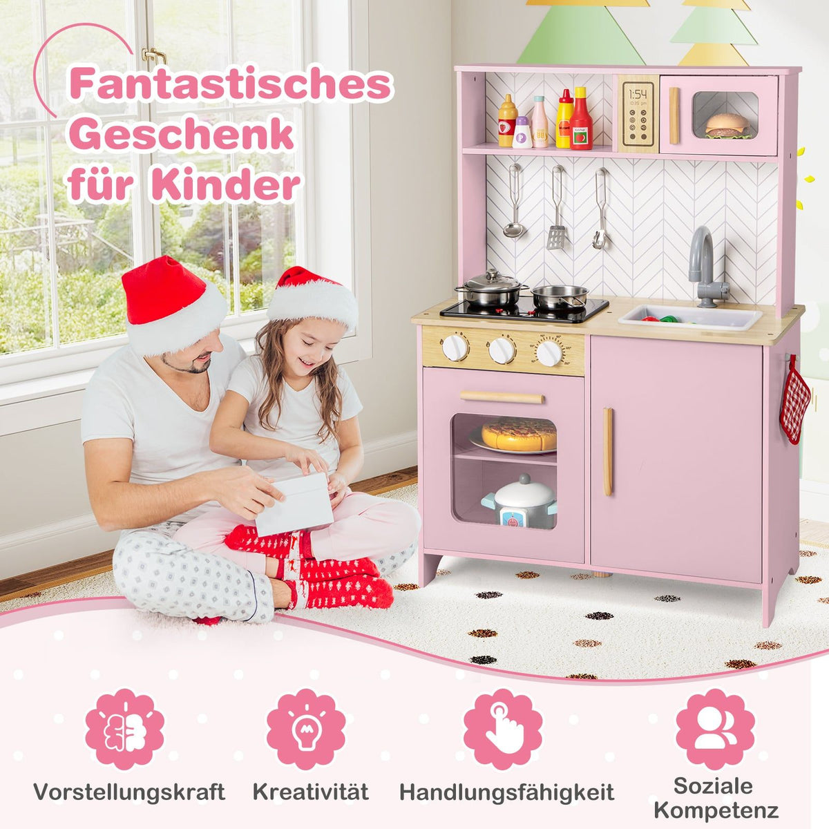 Wooden Play Kitchen with Microwave, Oven, Sink – Pink