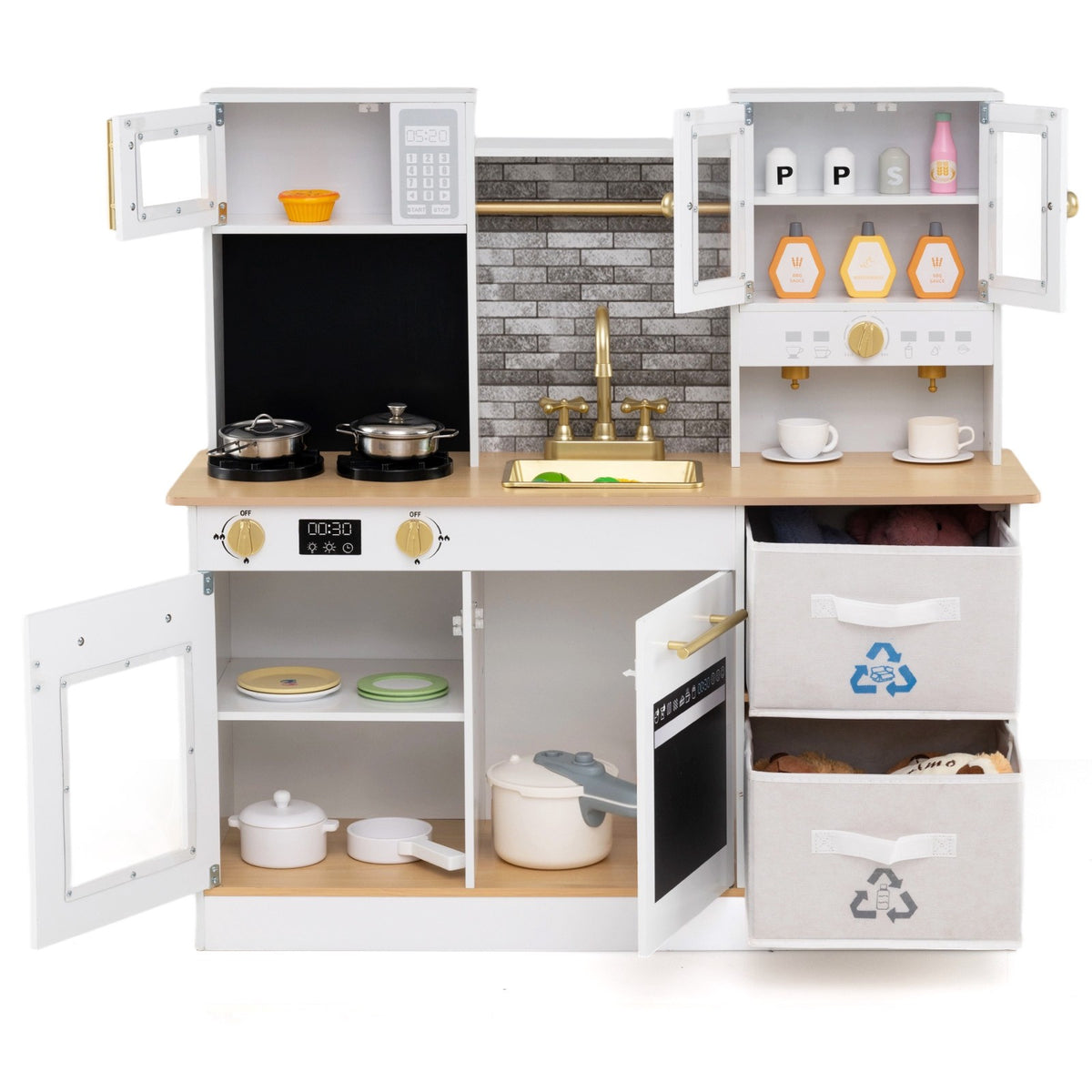 Wooden Play Kitchen with Sink, Lights, Sounds, Storage