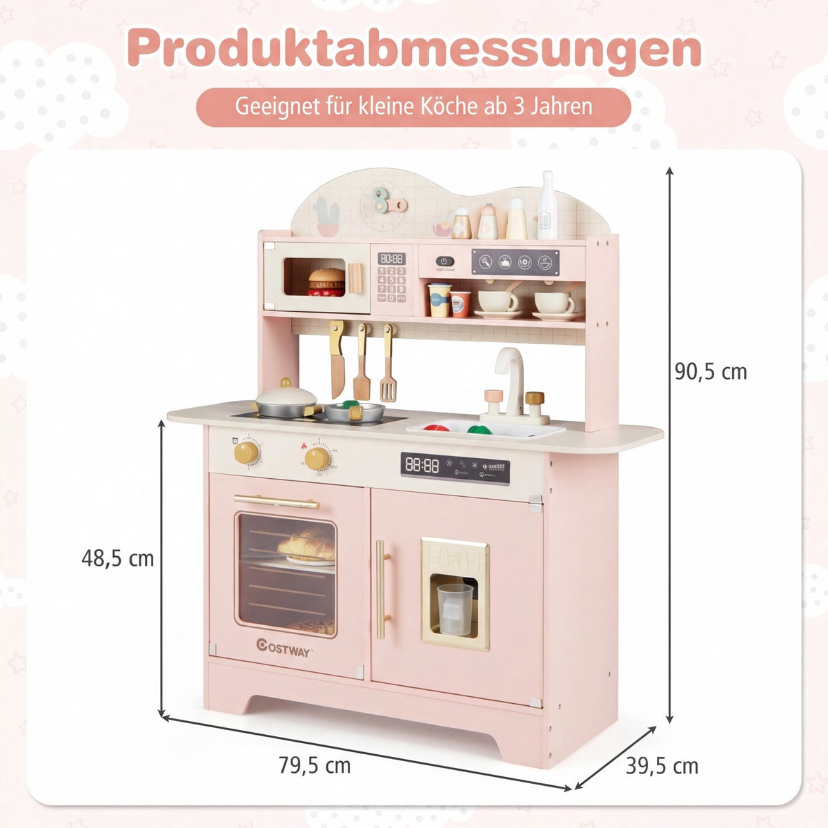 Wooden Play Kitchen with Storage & 17 Accessories, Pink