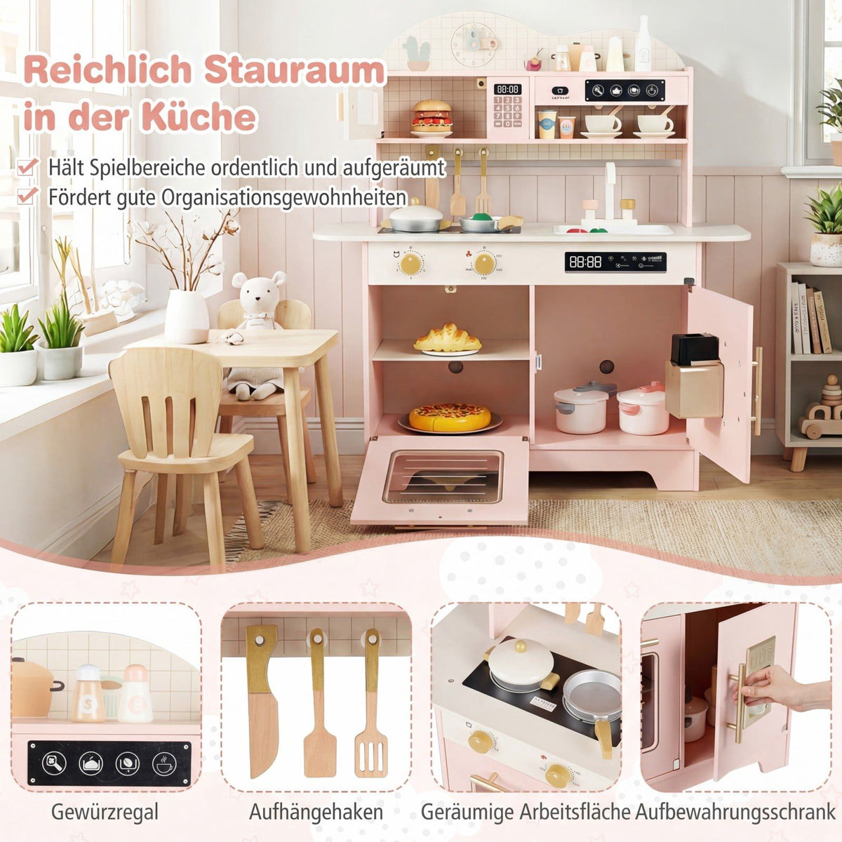 Wooden Play Kitchen with Storage & 17 Accessories, Pink