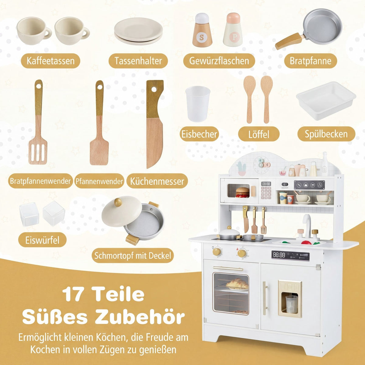 Wooden Play Kitchen with Storage & 17 Accessories, White