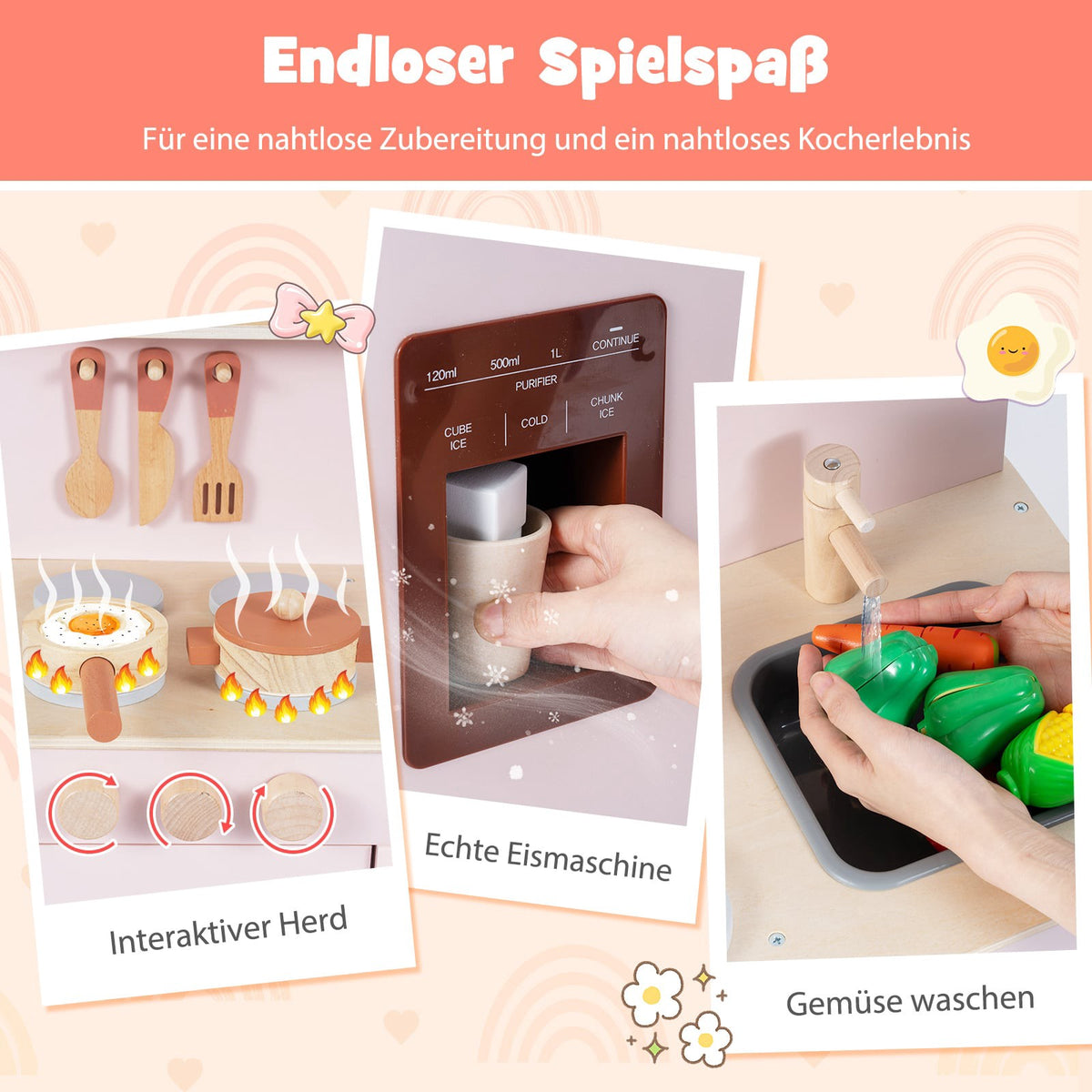 Wooden Play Kitchen with Storage and Ice Cream Machine