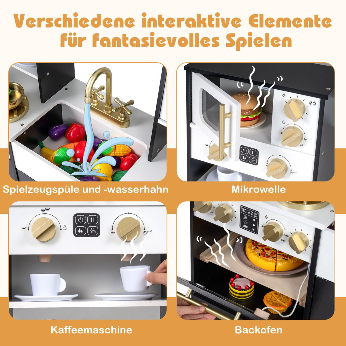 Wooden Play Kitchen with Stove, Sink, Lights & Sound
