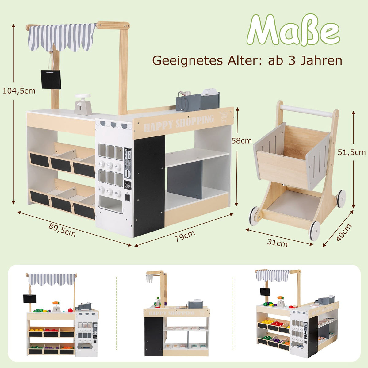 Wooden Play Store Set with Shopping Cart & Cash Register