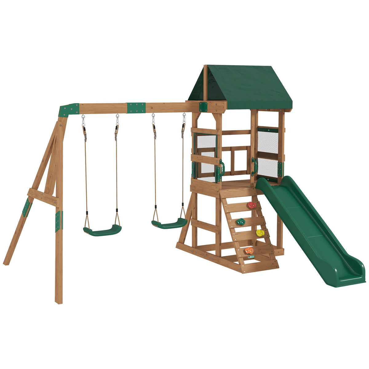 Wooden Play Tower with Slide, Swings, Climbing Wall for Kids