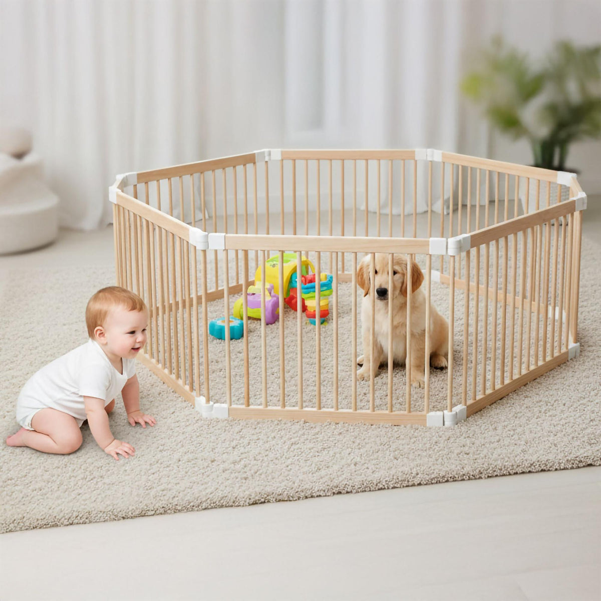 Wooden Playpen, Foldable, 8 Panels, Safe Play Area
