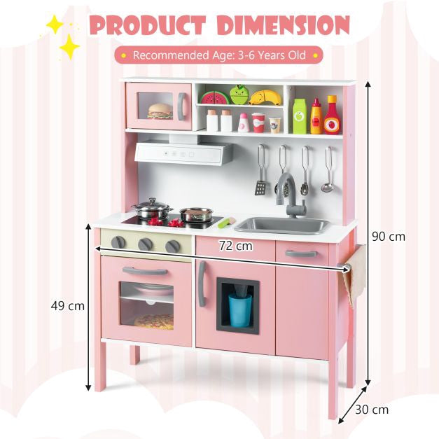 Wooden Pretend Play Kitchen Set, Pink White, Ages 3–6
