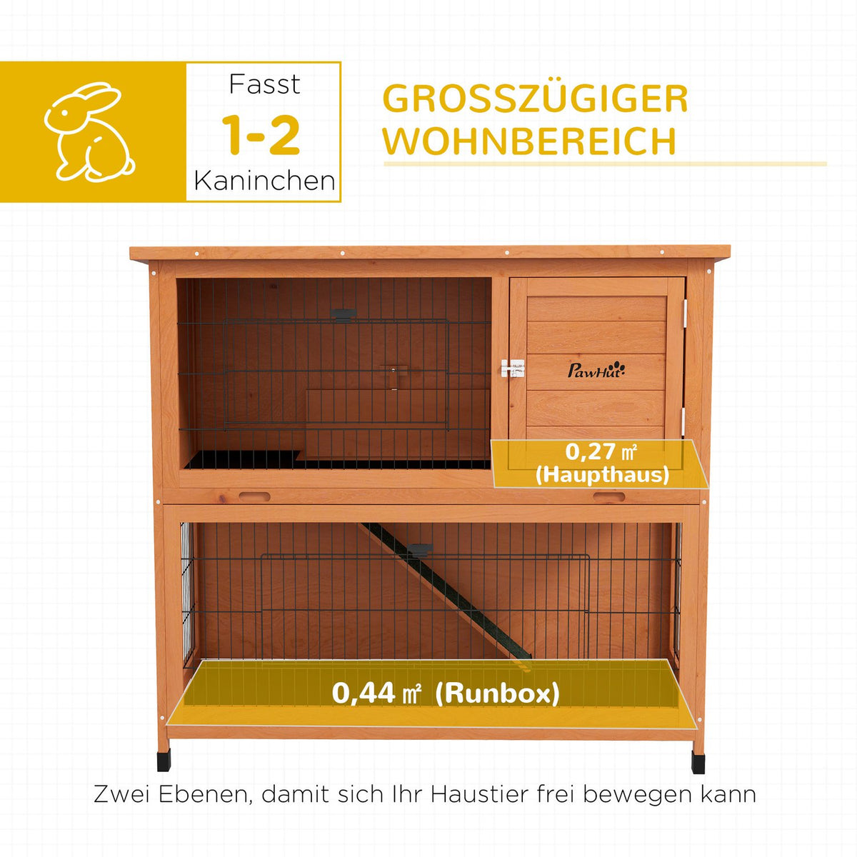 Wooden Rabbit Hutch 2 Tier Small Animal Hutch Small Animal Cage With Pallets, Ramp With Outdoor Enclosure Asphalt Roof For 2 Rabbits Orange