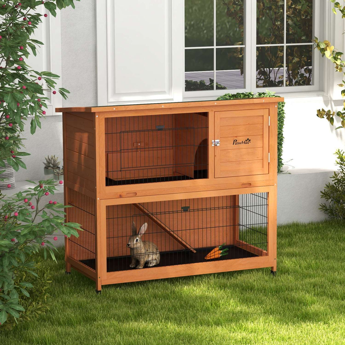 Wooden Rabbit Hutch 2 Tier Small Animal Hutch Small Animal Cage With Pallets, Ramp With Outdoor Enclosure Asphalt Roof For 2 Rabbits Orange