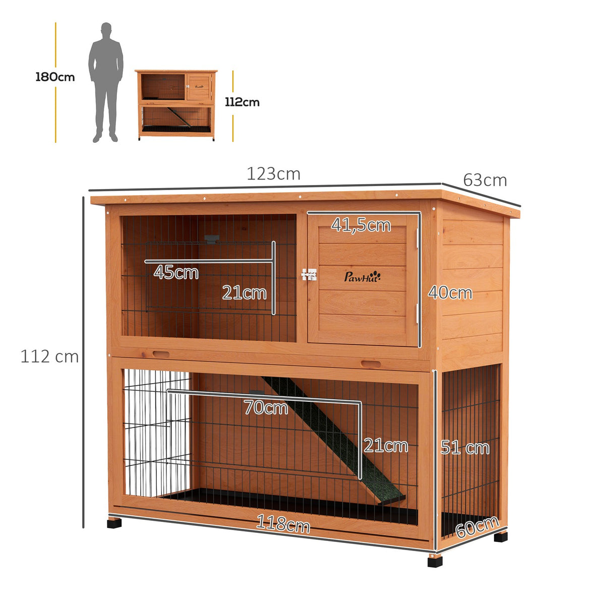 Wooden Rabbit Hutch 2 Tier Small Animal Hutch Small Animal Cage With Pallets, Ramp With Outdoor Enclosure Asphalt Roof For 2 Rabbits Orange