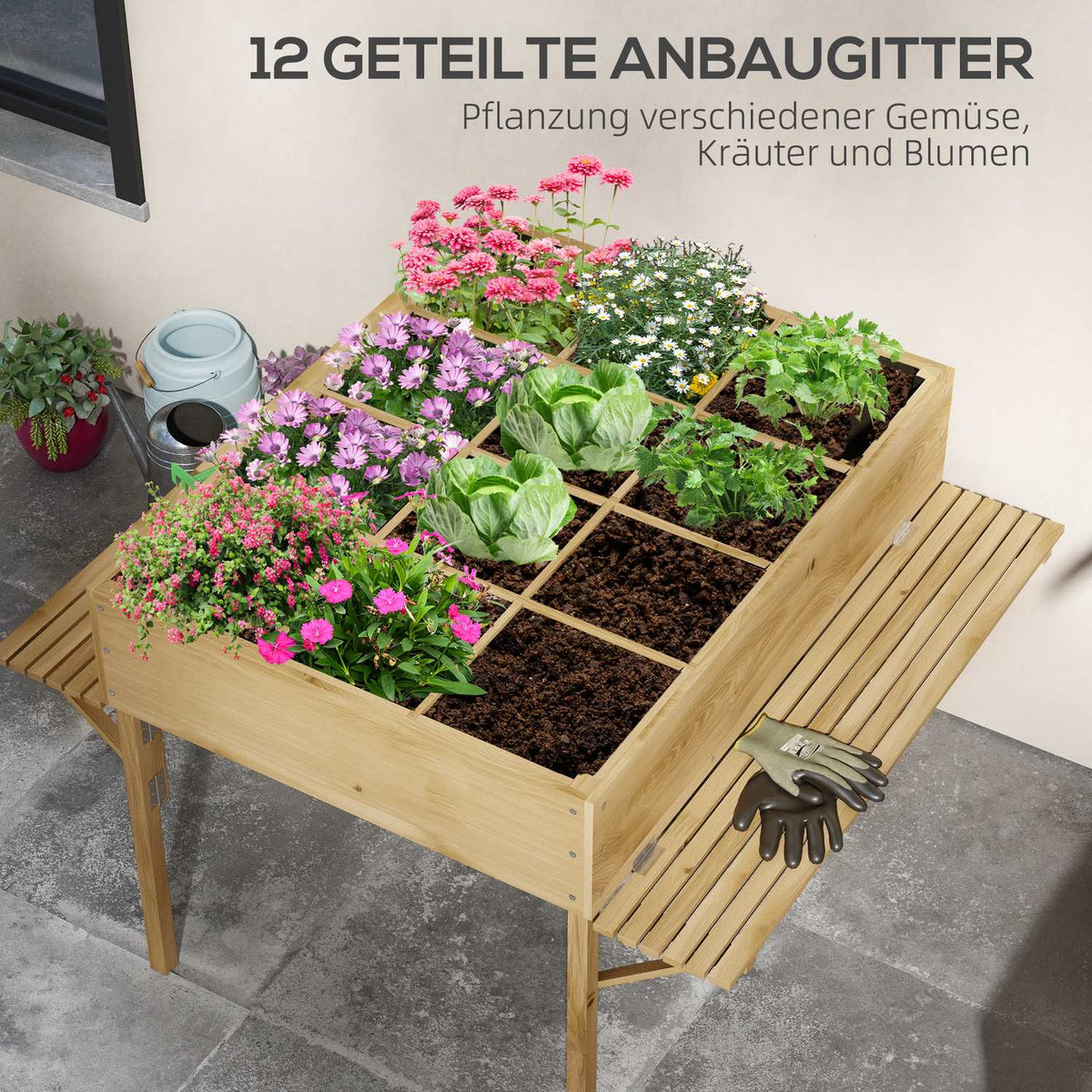 Wooden Raised Bed, Folding Cold Frame With 12 Dividers, Herb Bed, Plant Box, Flower Box With Non-Woven Fabric 122 X 91.5 X 89 Cm, Natural