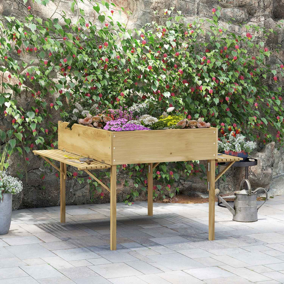 Wooden Raised Bed, Folding Cold Frame With 12 Dividers, Herb Bed, Plant Box, Flower Box With Non-Woven Fabric 122 X 91.5 X 89 Cm, Natural