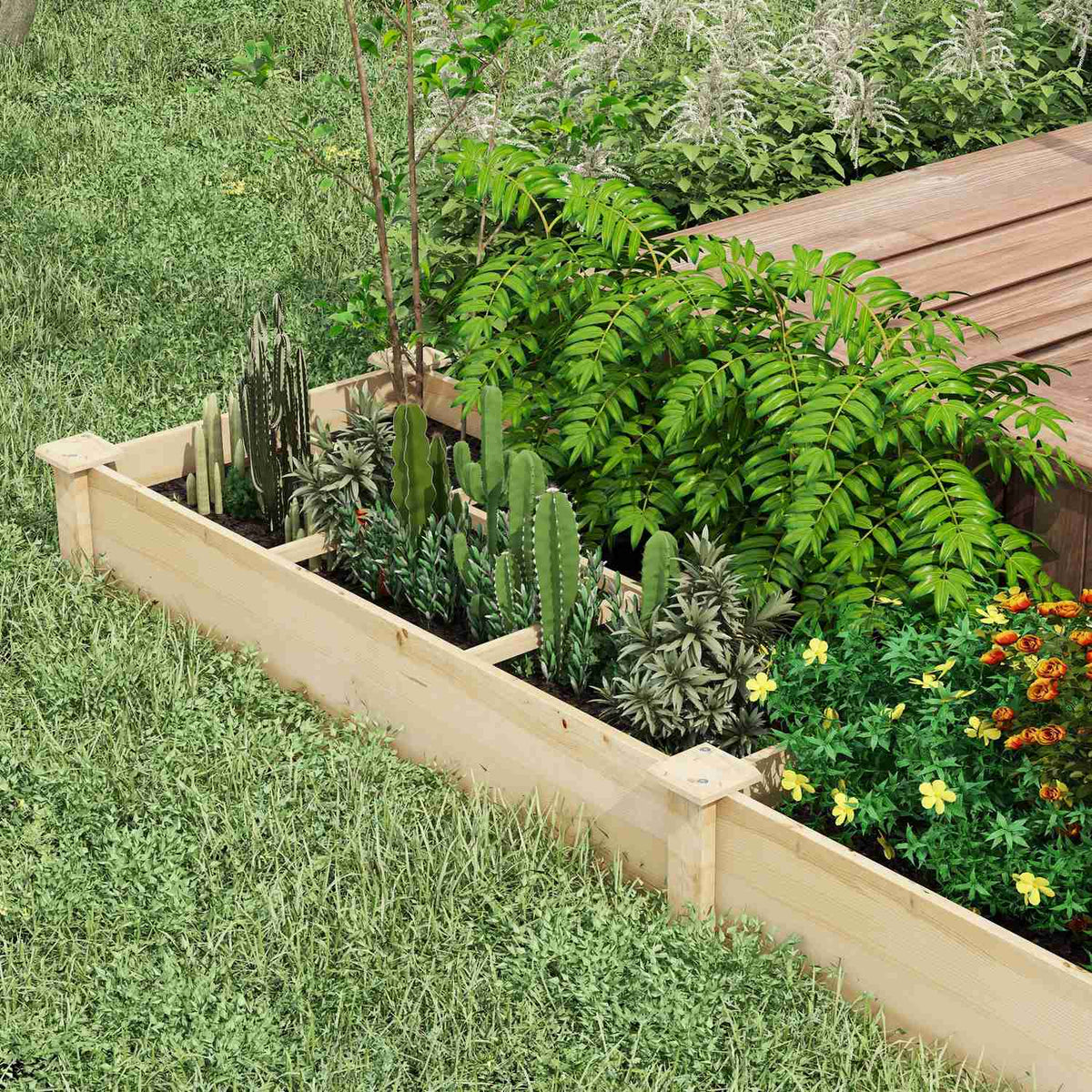 Wooden Raised Bed, Large Plant Box With 2 Compartments, Flower Box, Herb Bed, Vegetable Bed For Garden, Balcony, Natural, 237 X 60 X 25Cm
