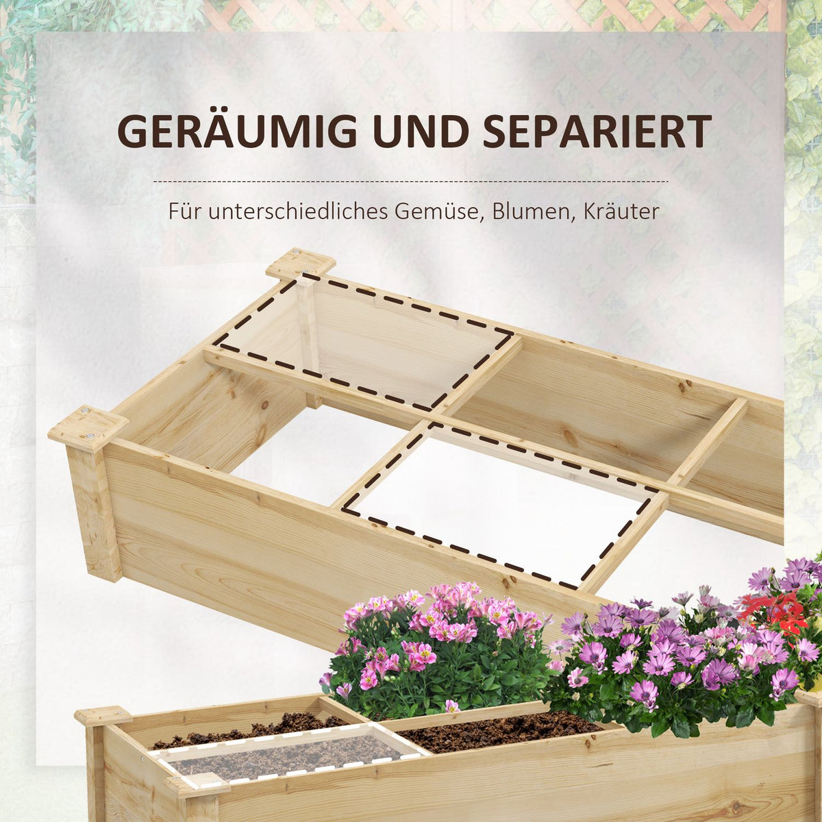 Wooden Raised Bed, Large Plant Box With 2 Compartments, Flower Box, Herb Bed, Vegetable Bed For Garden, Balcony, Natural, 237 X 60 X 25Cm