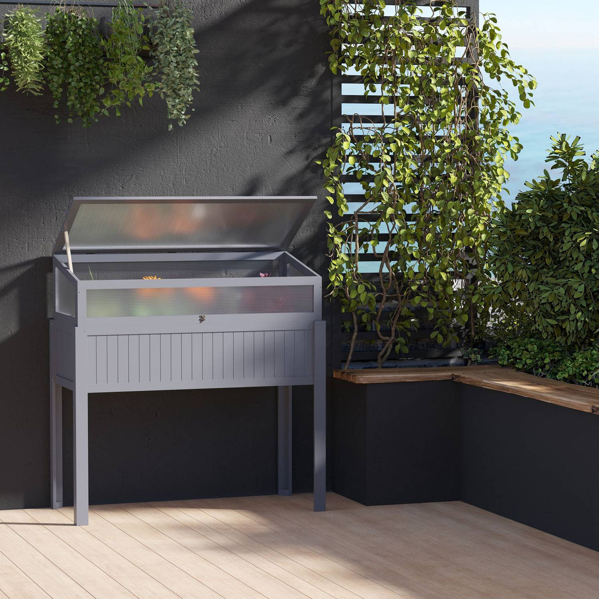 Wooden Raised Bed With Cold Frame 2-In-1 Greenhouse, Tomato House, Vegetable Bed, Polycarbonate, Grey, 120X54X112/122Cm