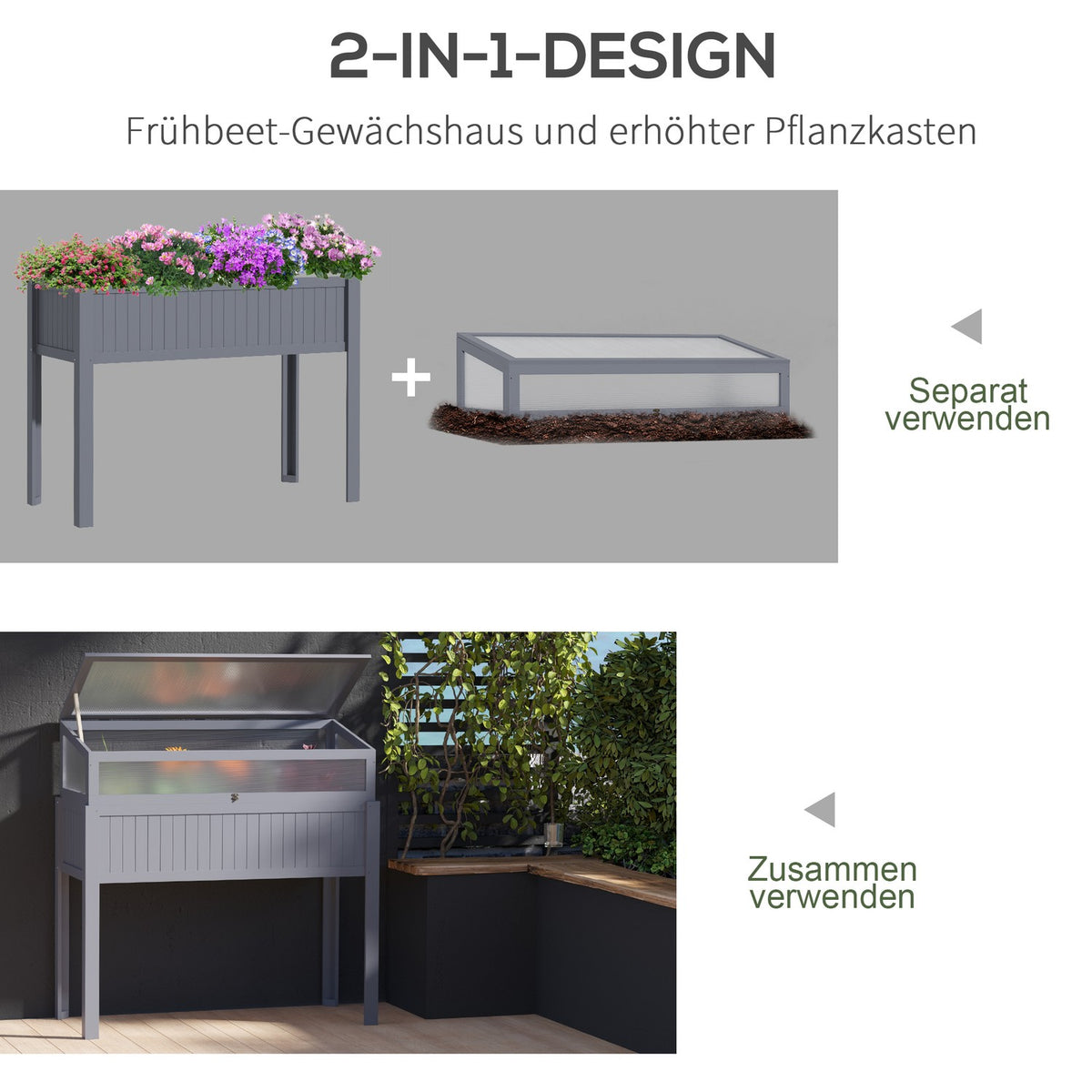 Wooden Raised Bed With Cold Frame 2-In-1 Greenhouse, Tomato House, Vegetable Bed, Polycarbonate, Grey, 120X54X112/122Cm