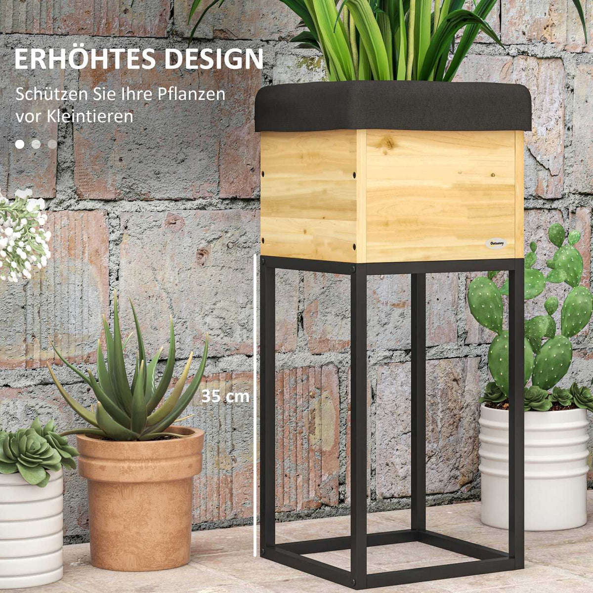 Wooden Raised Bed With Steel Legs, Herb And Flower Box For Garden And Balcony, Natural Colour, 22X22X54Cm