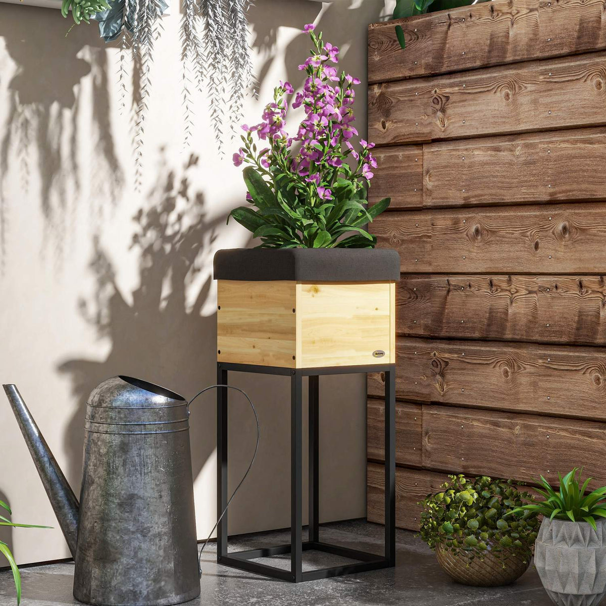 Wooden Raised Bed With Steel Legs, Herb And Flower Box For Garden And Balcony, Natural Colour, 22X22X54Cm