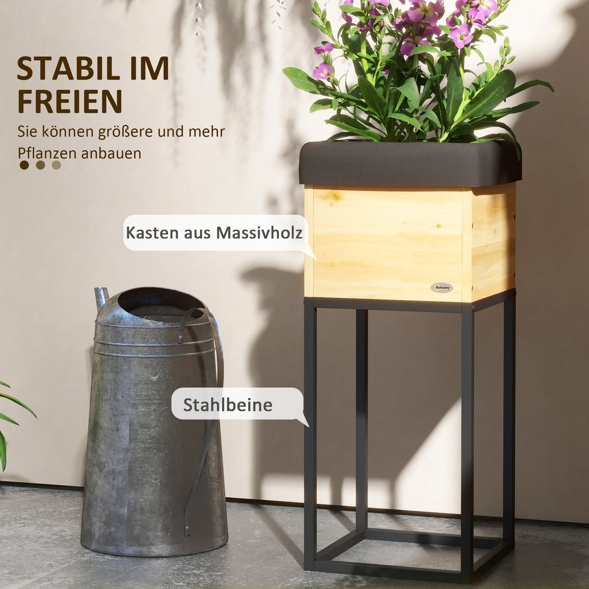 Wooden Raised Bed With Steel Legs, Herb And Flower Box For Garden And Balcony, Natural Colour, 22X22X54Cm