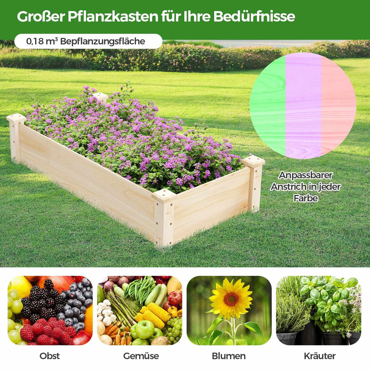 Wooden Raised Garden Bed, Open Bottom, 0.18 m³ Capacity