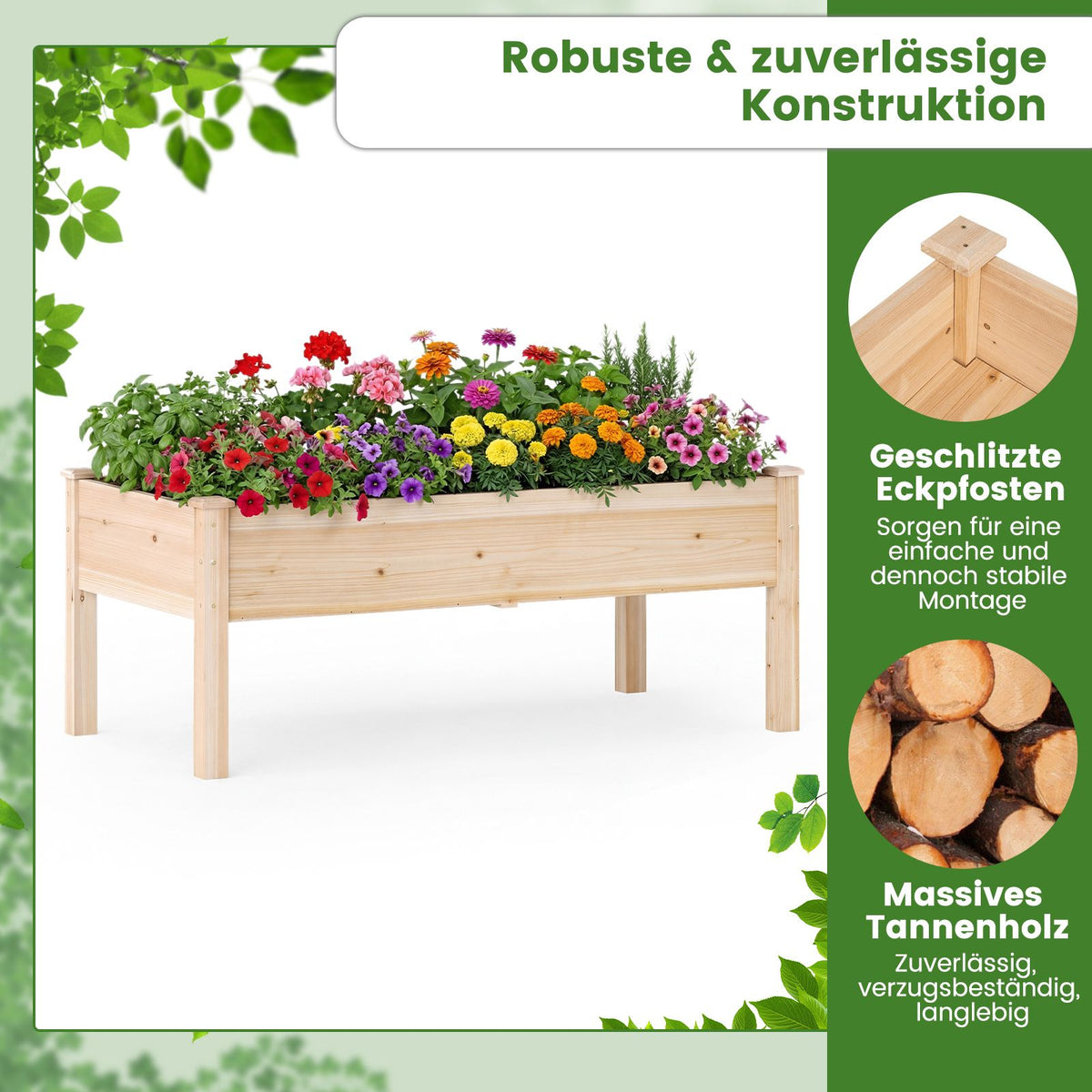 Wooden Raised Garden Bed with Drainage Holes, 122x62 cm