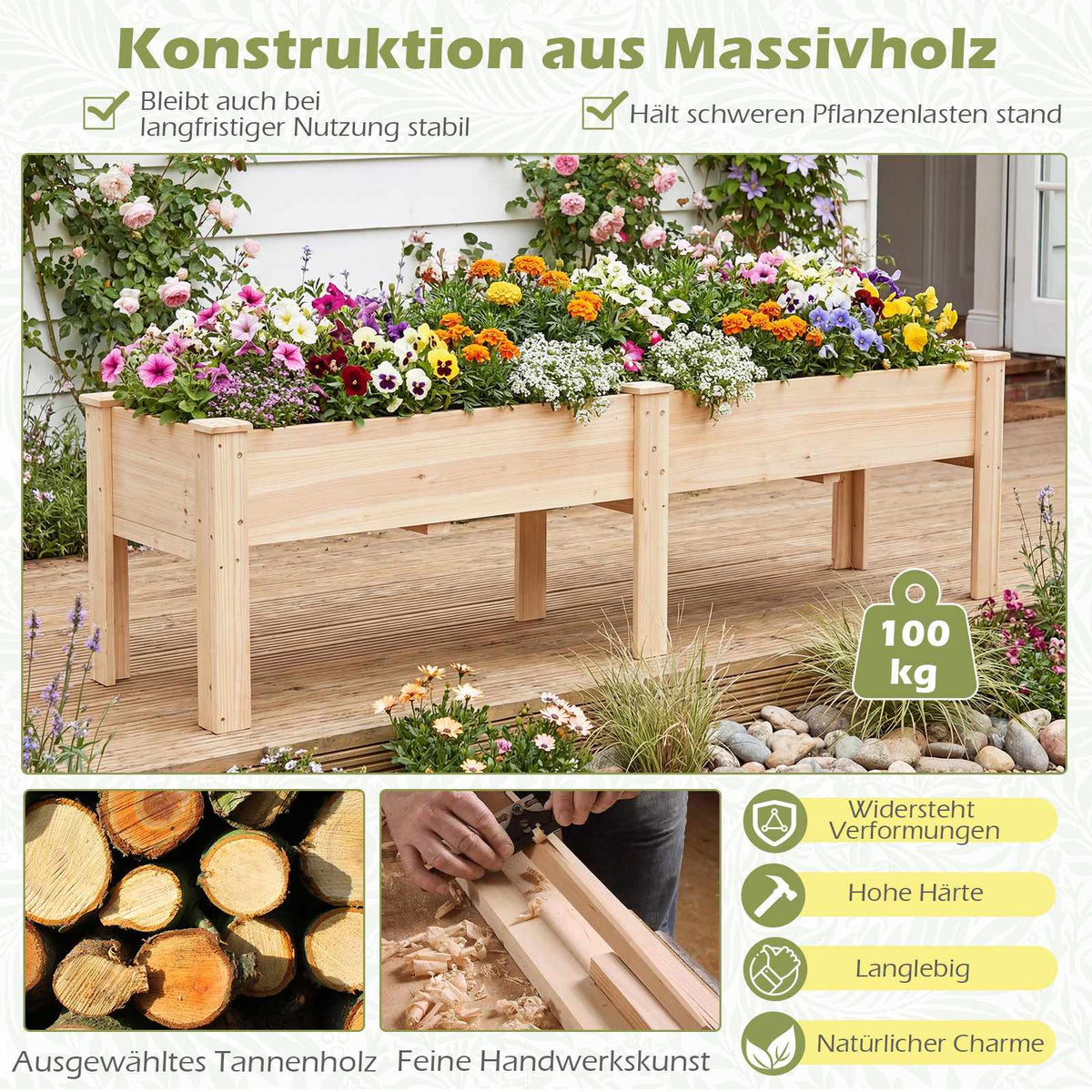 Wooden Raised Garden Bed with Drainage Holes, 2 Plant Zones