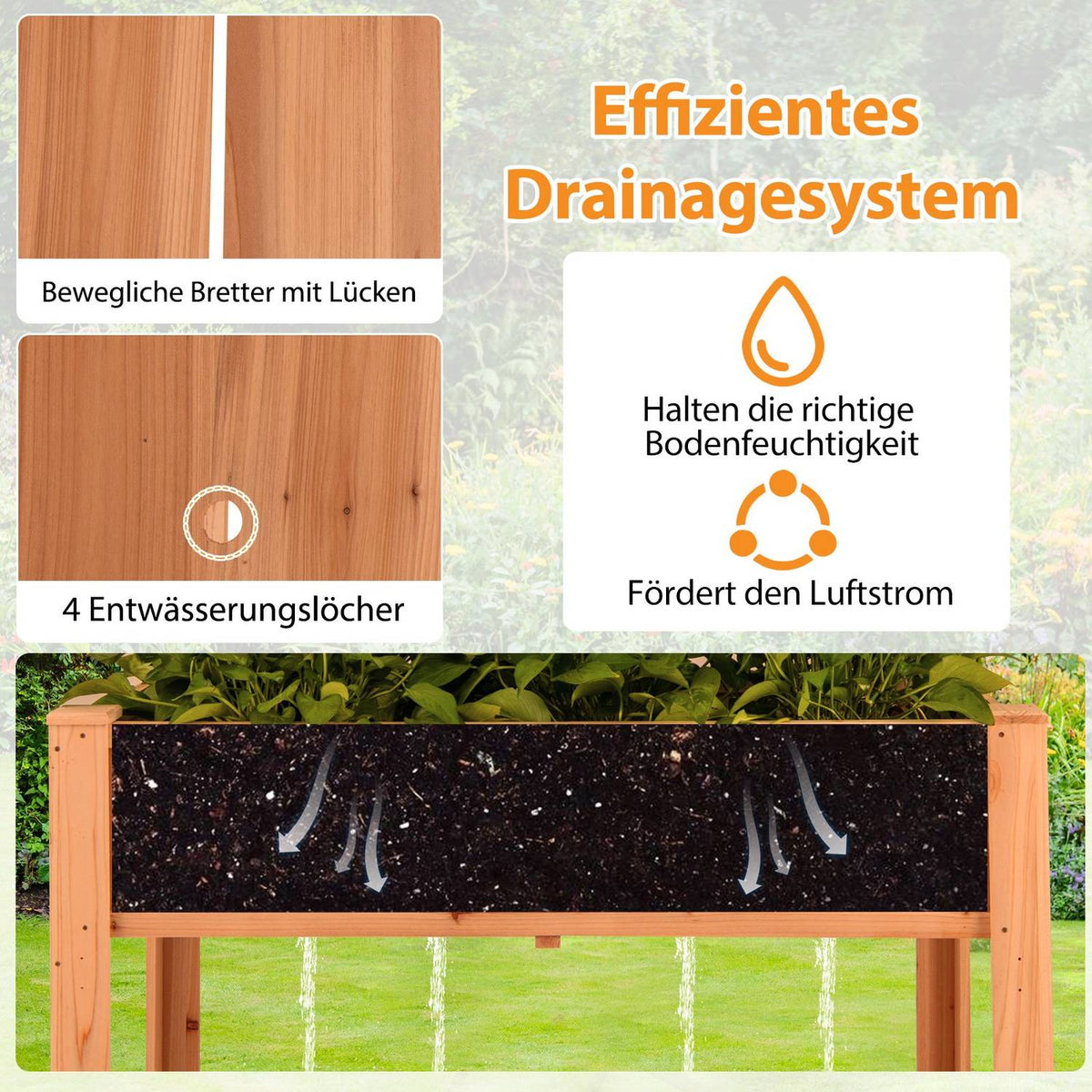 Wooden Raised Garden Bed with Trellis & Drainage Holes