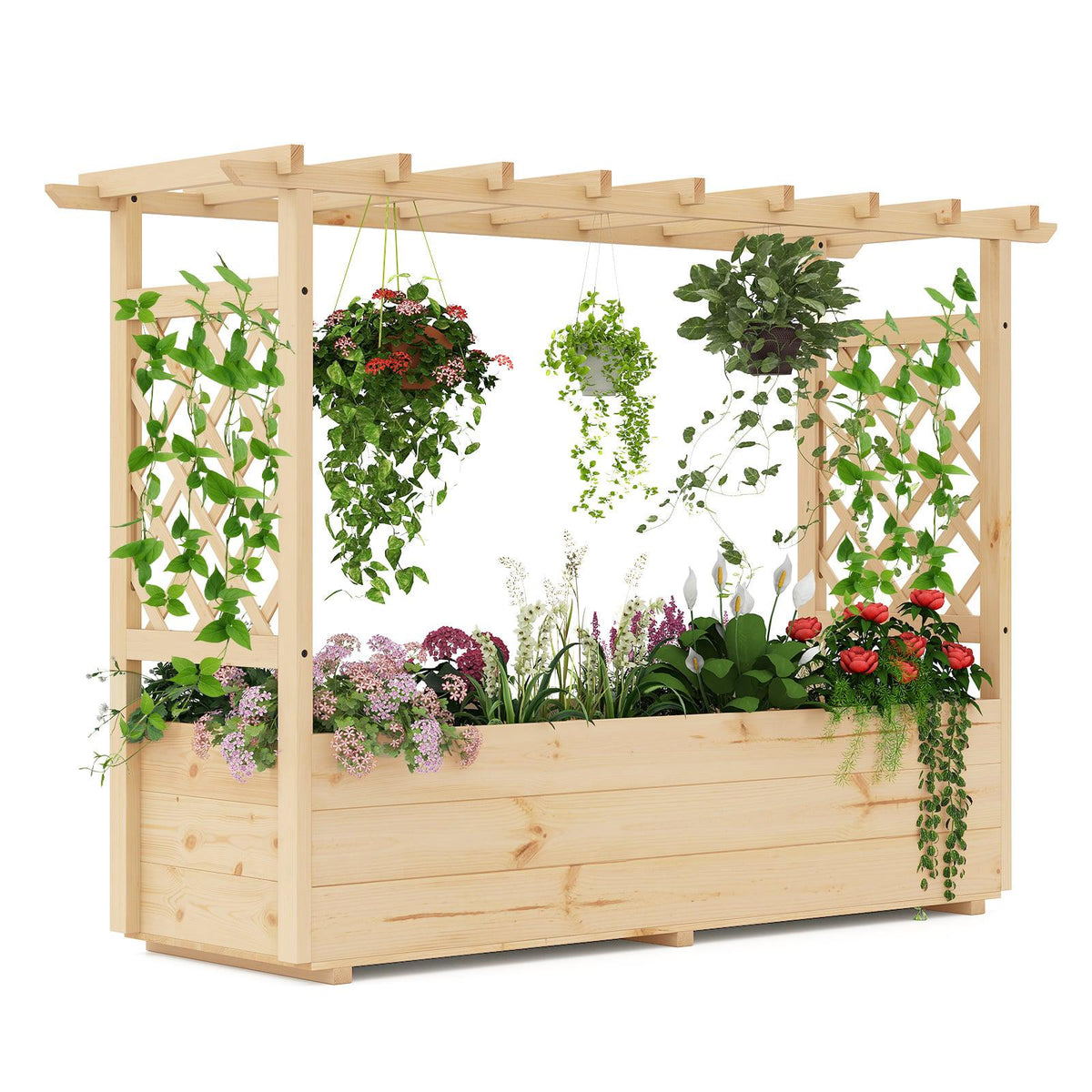 Wooden Raised Garden Bed with Trellis and Drainage, 150x50x104 cm