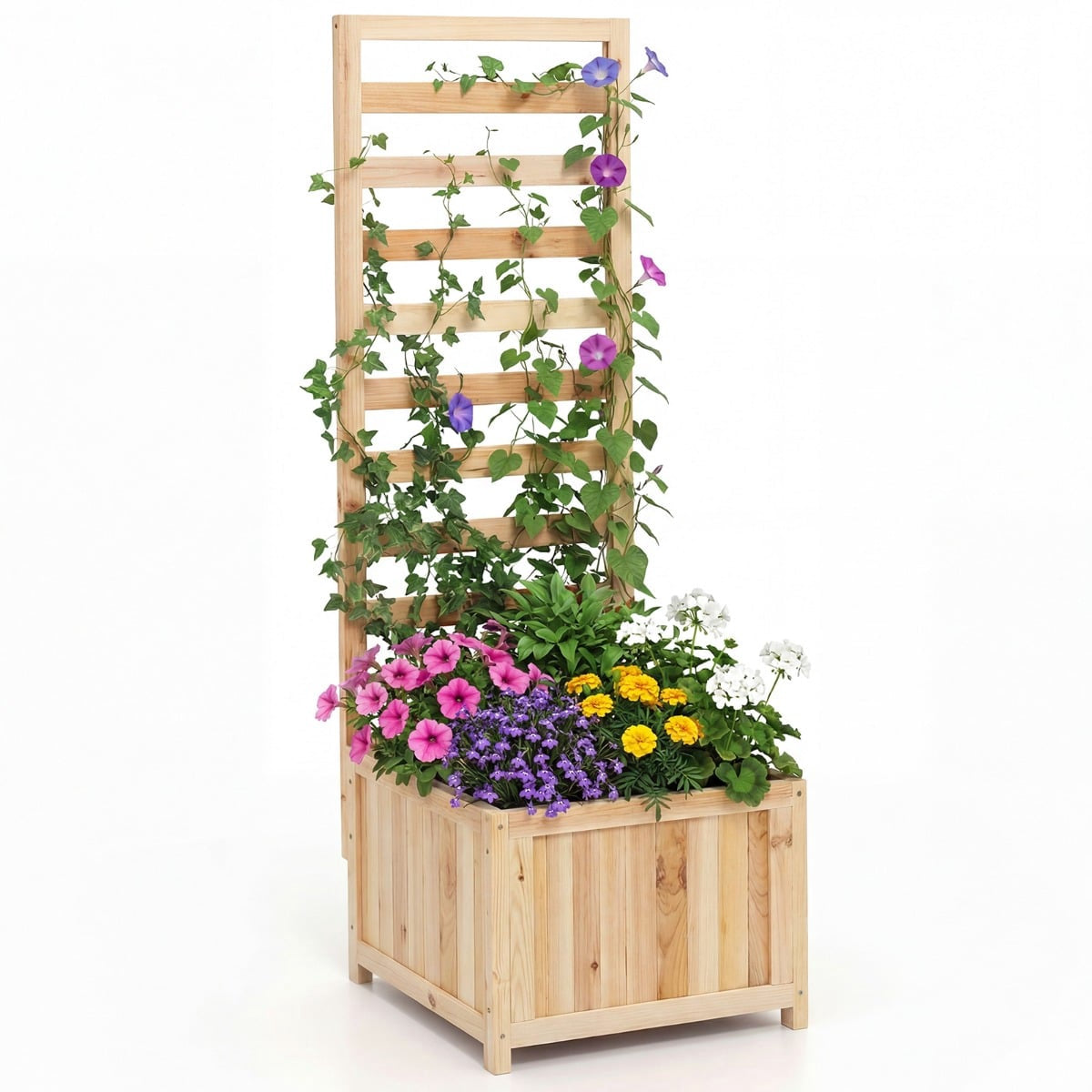 Wooden Raised Planter with Trellis and Drainage Holes