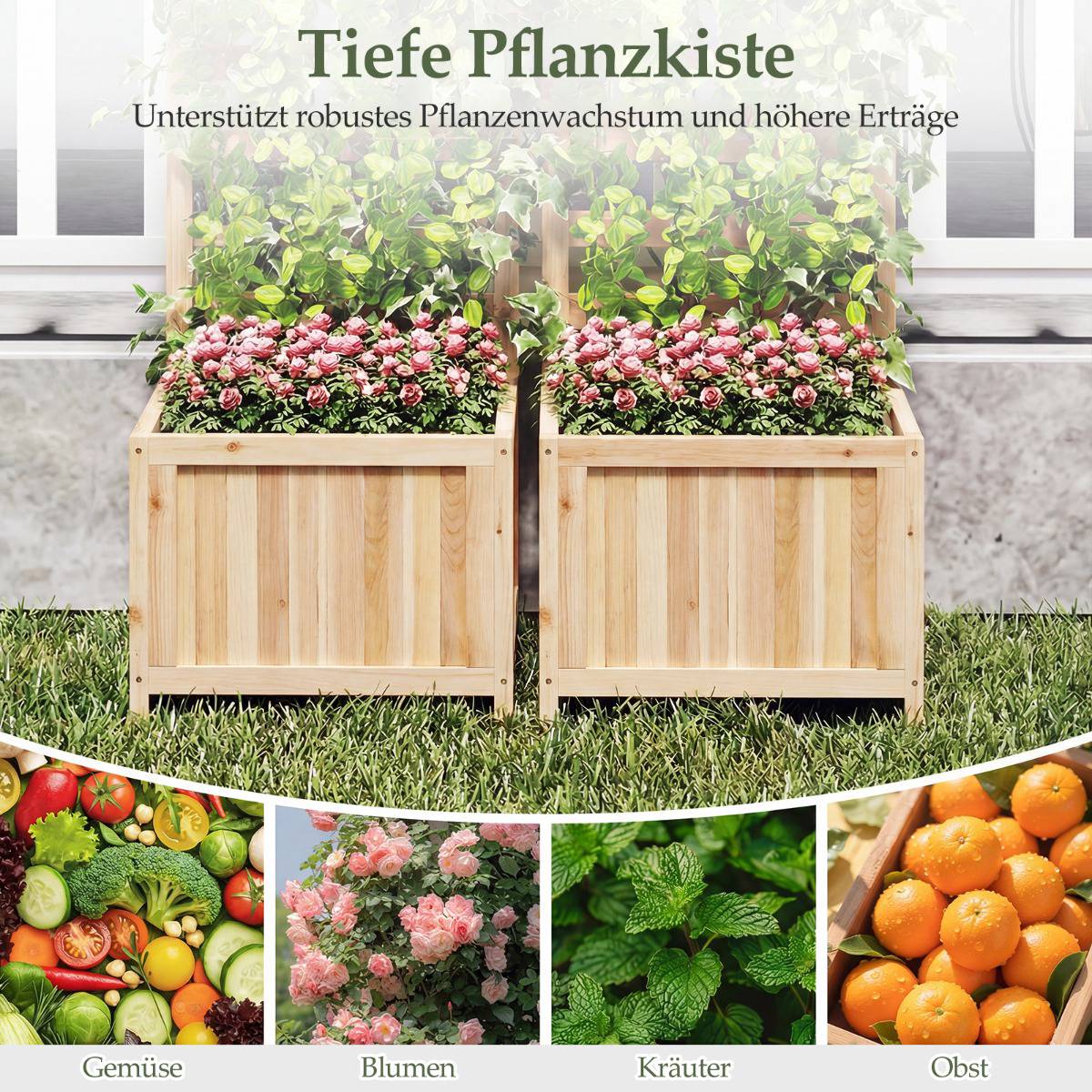 Wooden Raised Planter with Trellis and Drainage Holes
