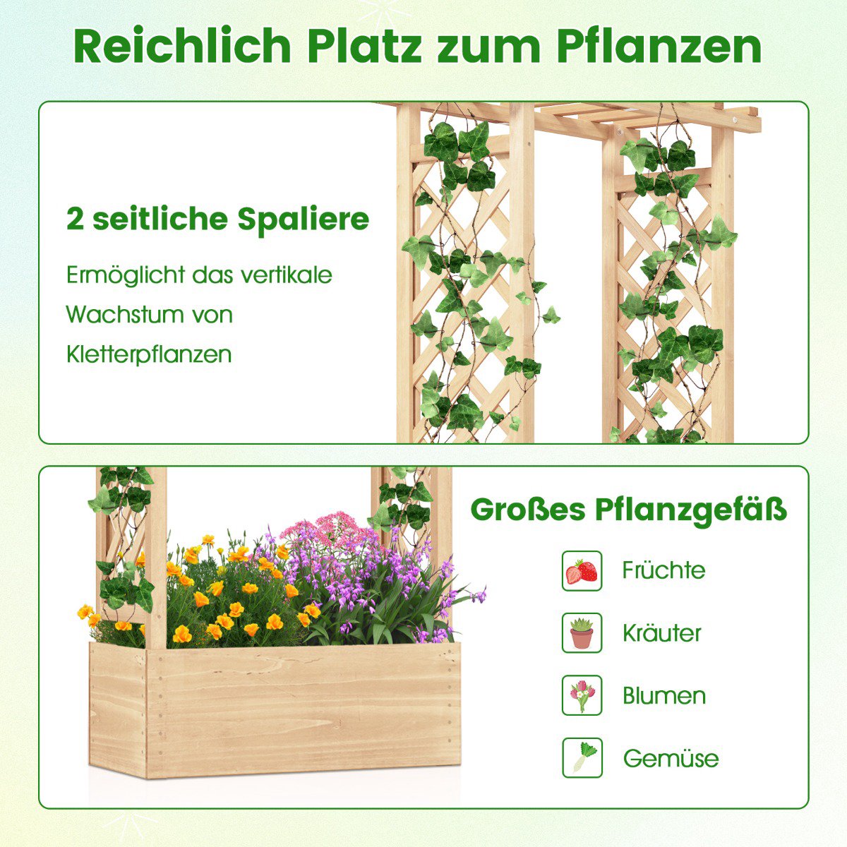 Wooden Raised Planter with Trellis and Drainage Holes