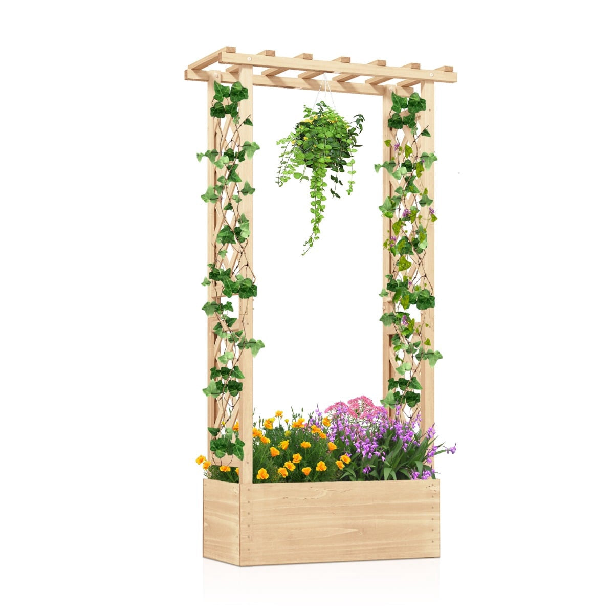 Wooden Raised Planter with Trellis and Drainage Holes