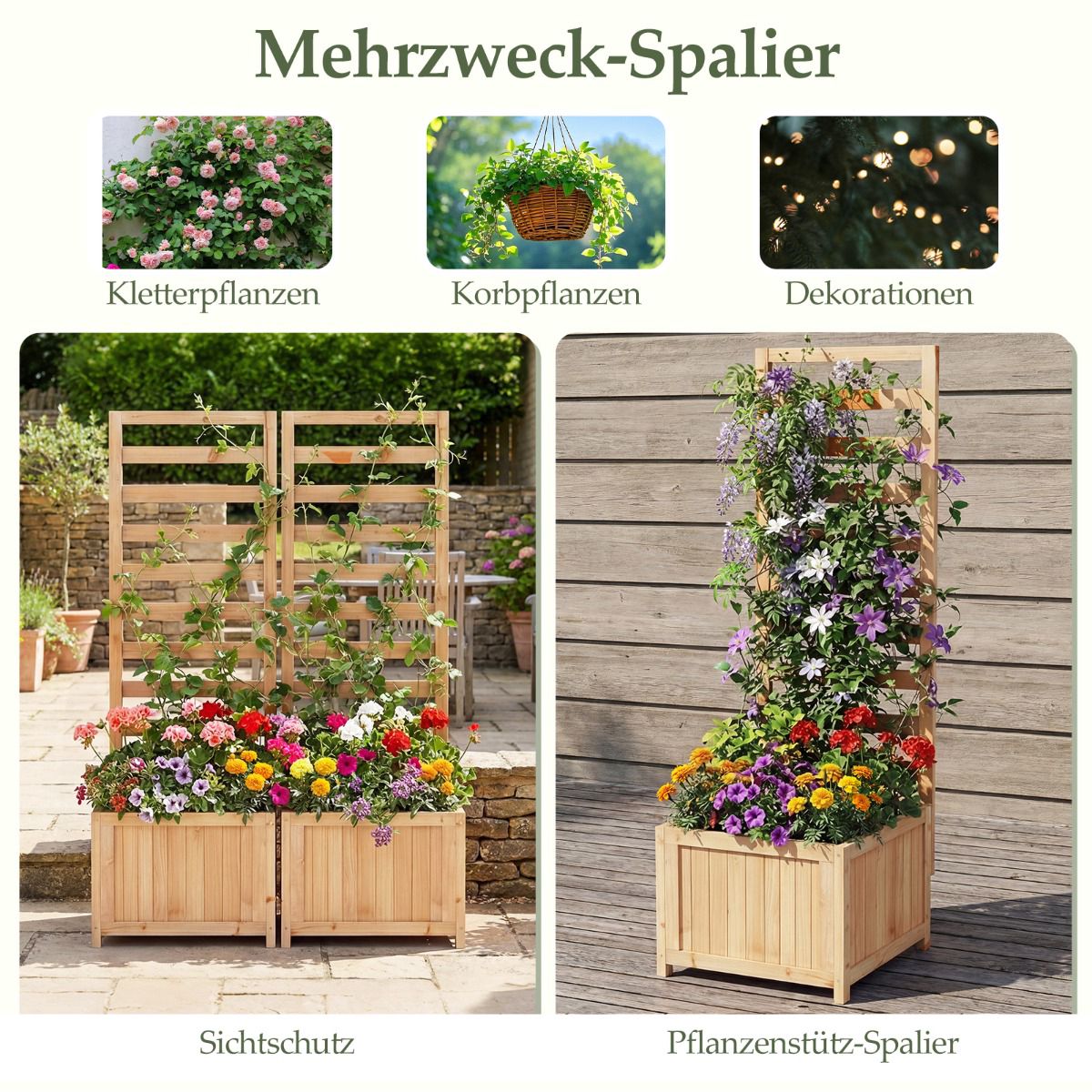 Wooden Raised Planter with Trellis and Drainage Holes