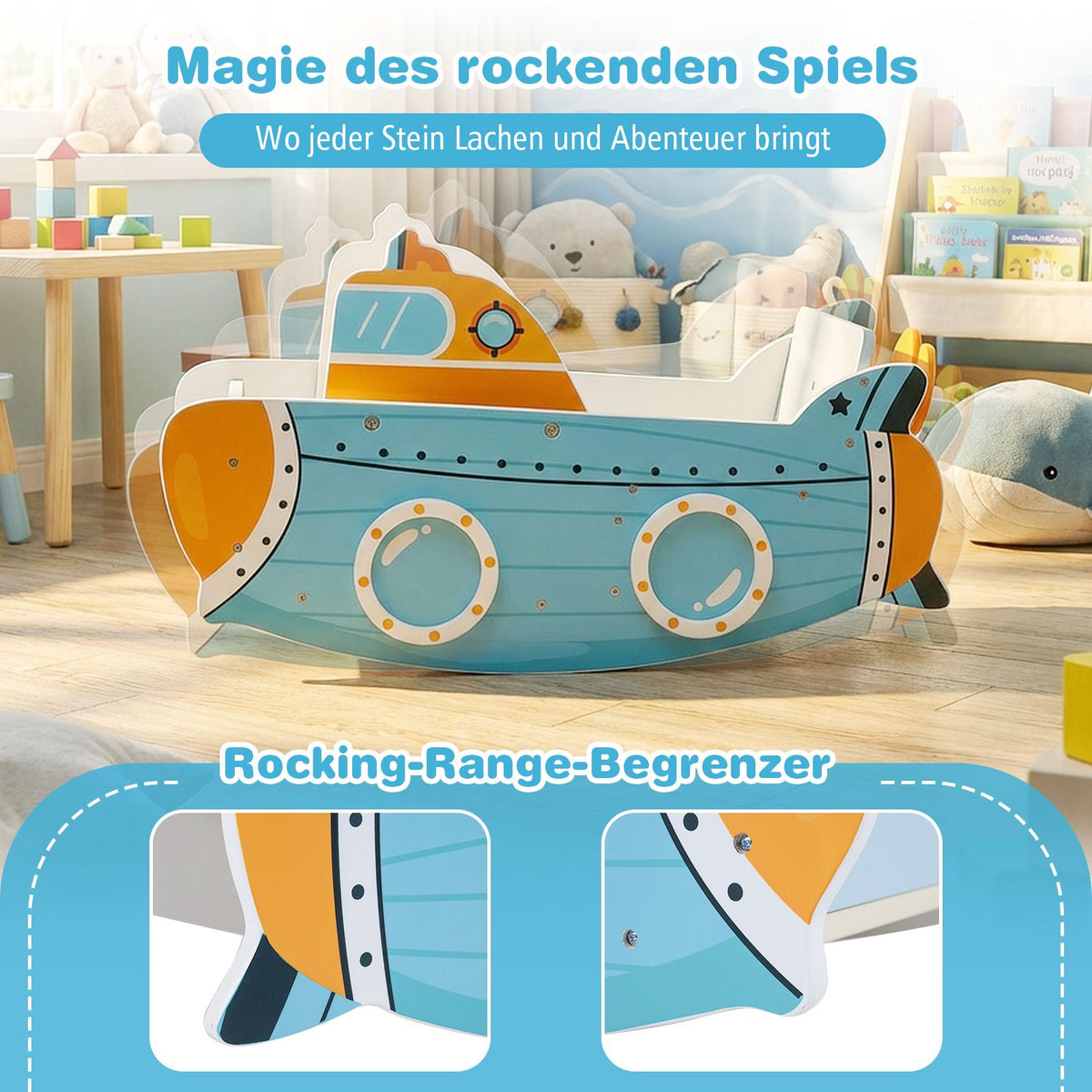 Wooden Rocking Boat for Kids with Rotating Propeller