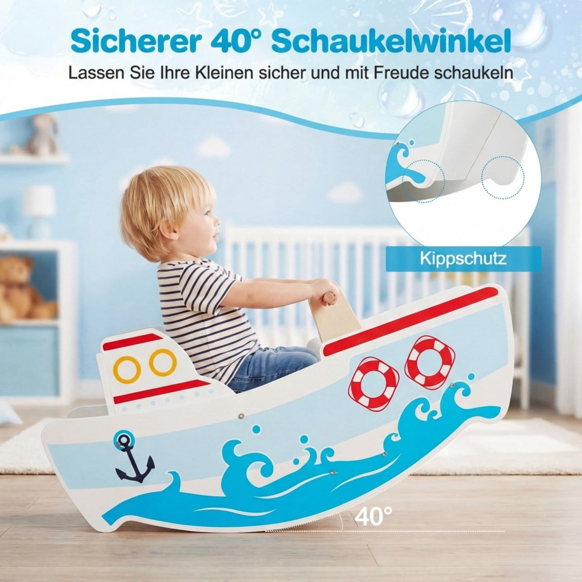 Wooden Rocking Boat with 40 Swing & Backrest