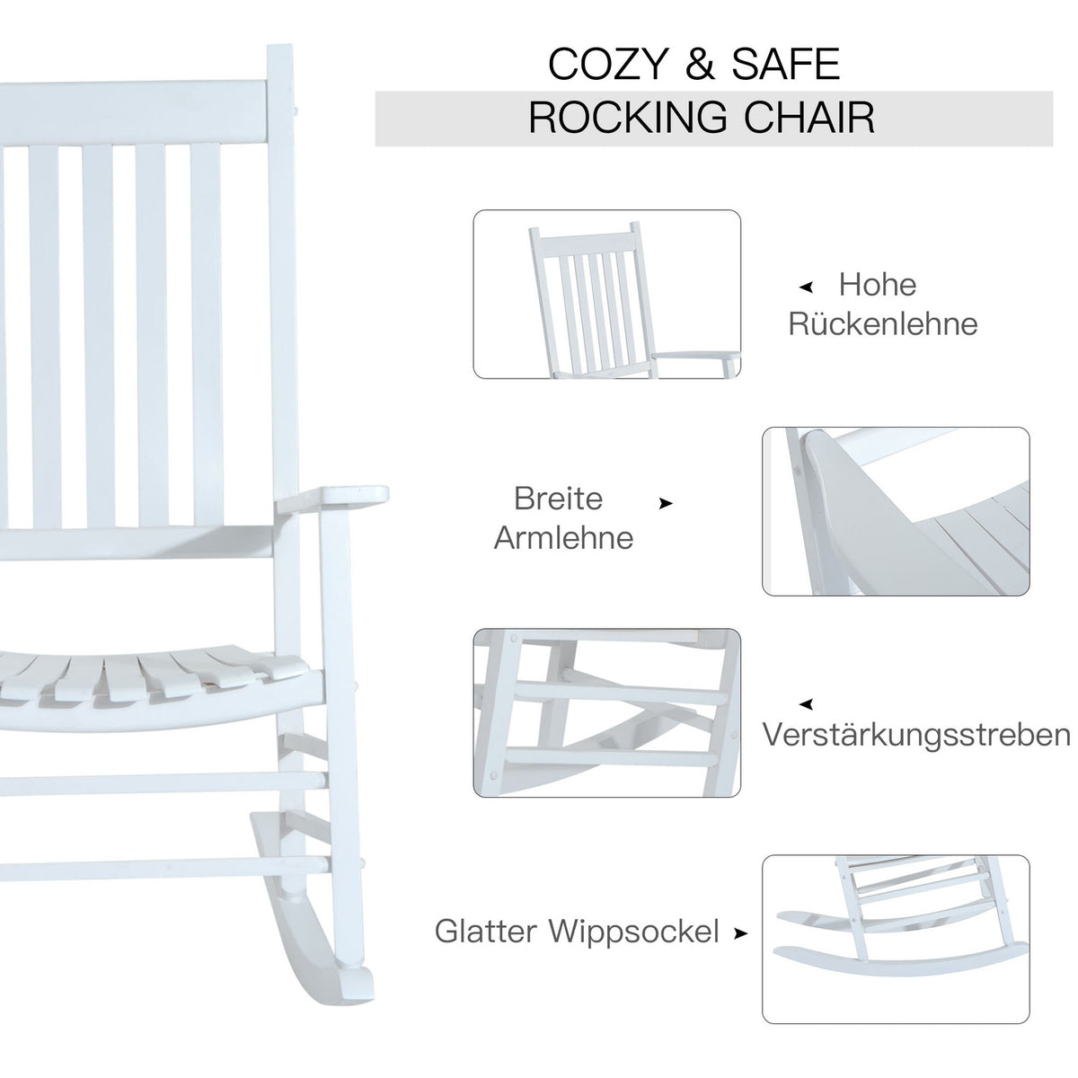 Wooden Rocking Chair With Armrest Swing Chair Relaxation Chair Garden Chair White 69 X 86 X 115 Cm