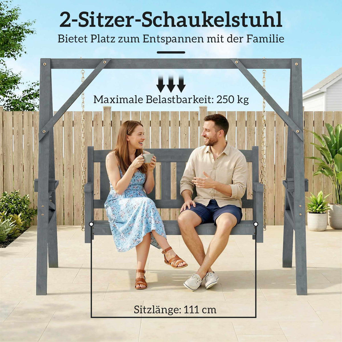 Wooden Rocking Chair for 2, Ergonomic, Grey, 250kg Capacity