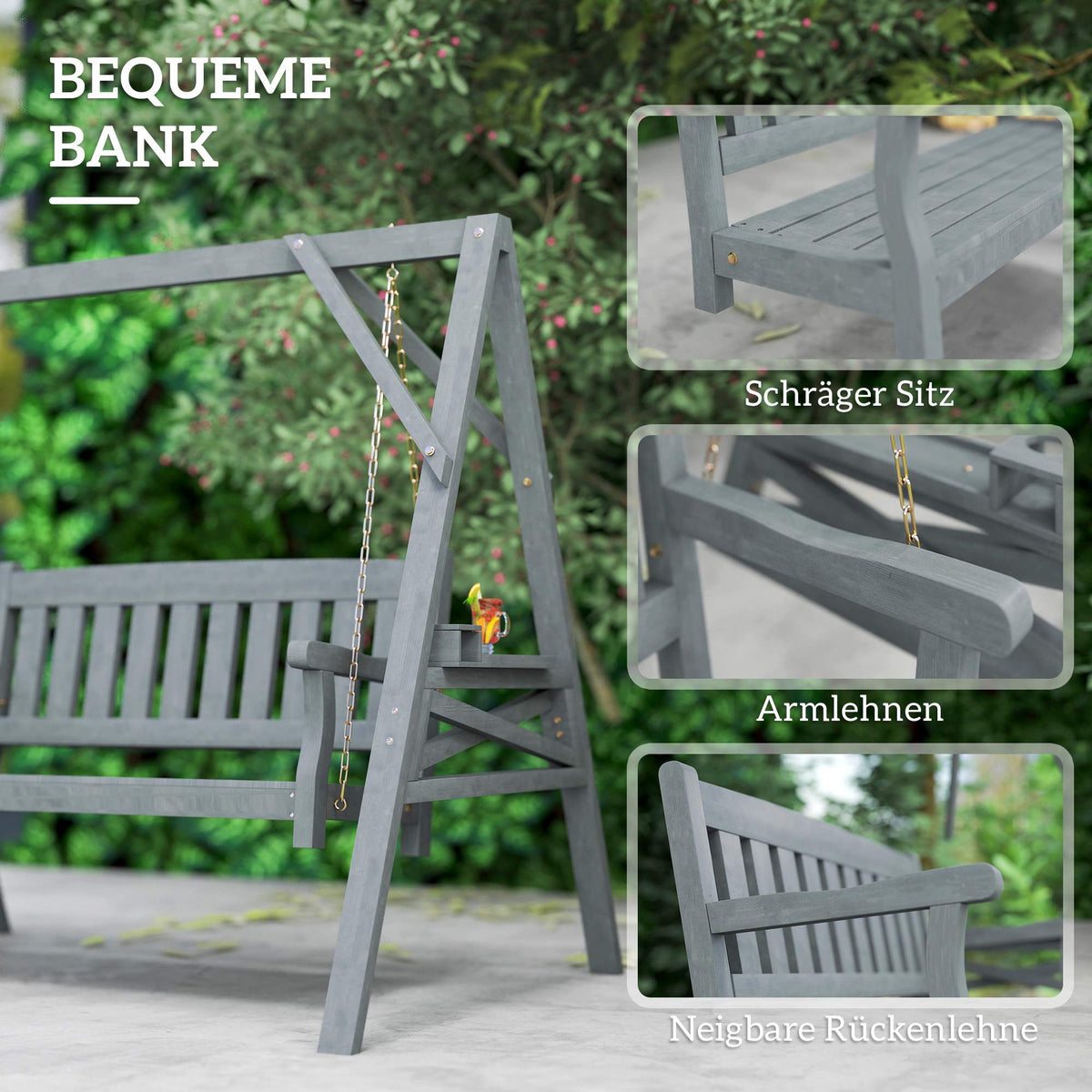 Wooden Rocking Chair for 2, Ergonomic, Grey, 250kg Capacity