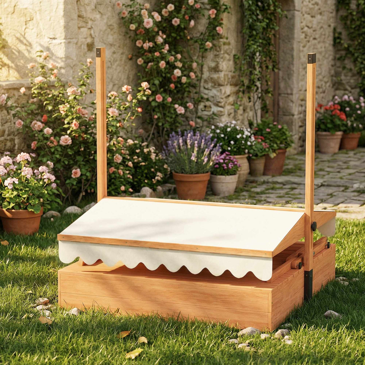 Wooden Sandbox with Adjustable Roof and Picnic Table