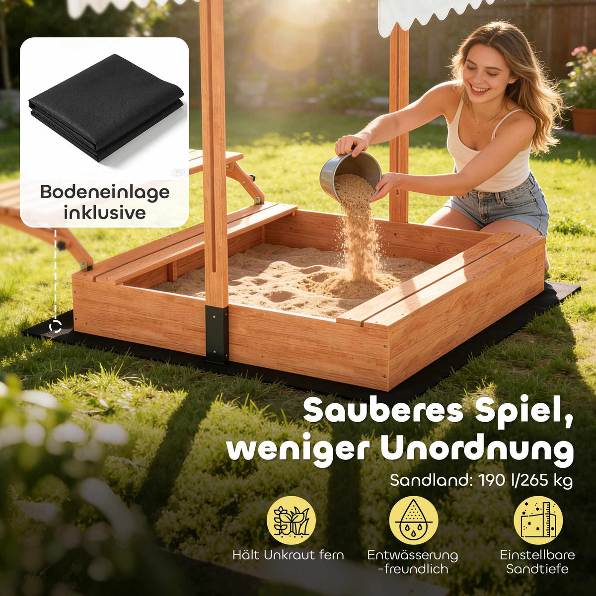 Wooden Sandbox with Adjustable Roof and Picnic Table