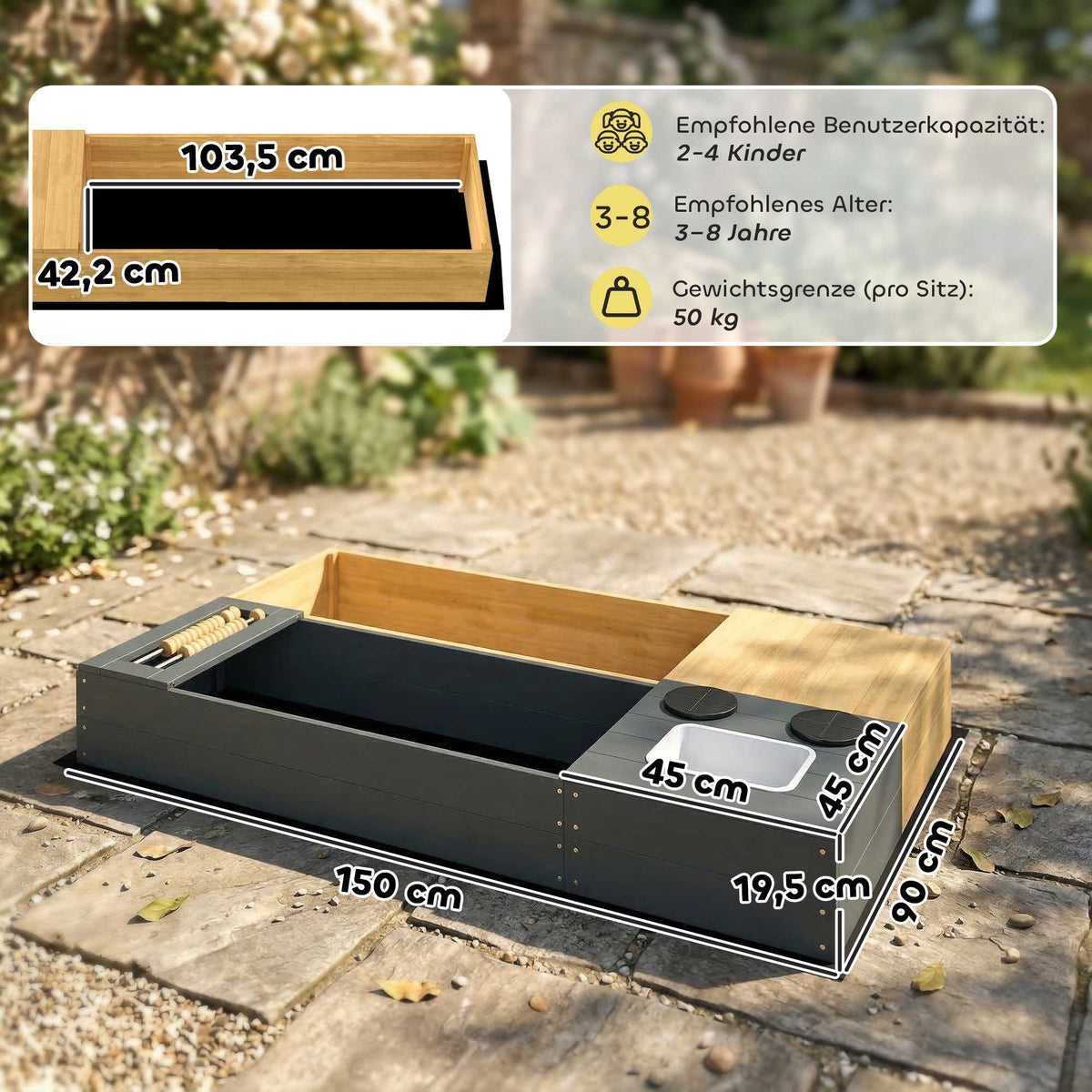 Wooden Sandbox with Bench and Storage, 150x90cm