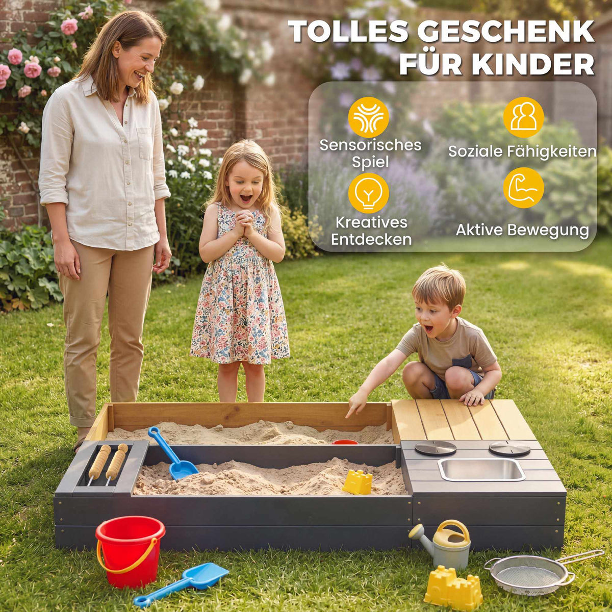 Wooden Sandbox with Bench and Storage, 150x90cm