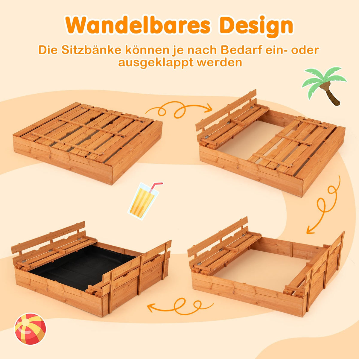 Wooden Sandbox with Benches, Lid & Liner, 120x120 cm