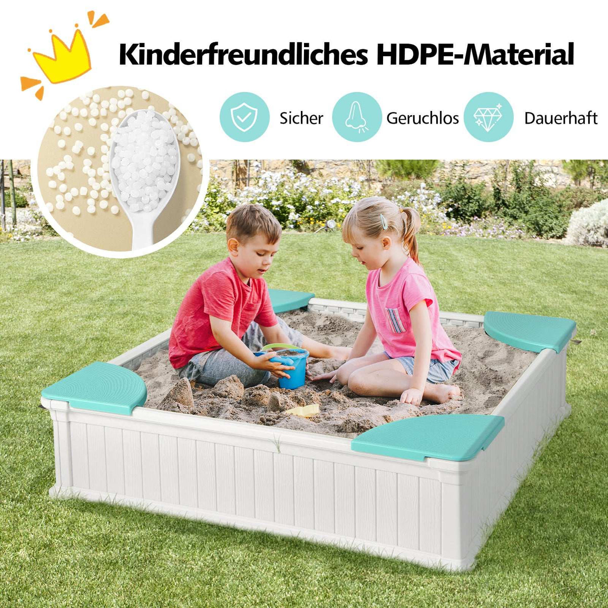 Wooden Sandbox with Cover & Seats, 123.5 cm, White