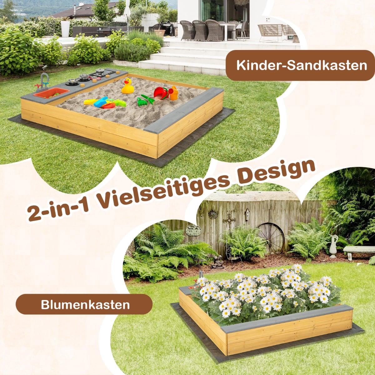 Wooden Sandbox with Kitchen Accessories & Bench Seat
