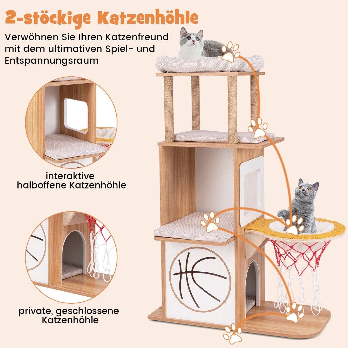 Wooden Scratching Post 120cm Sports Theme Climbing Tower with 2-Tier Cat House Natural