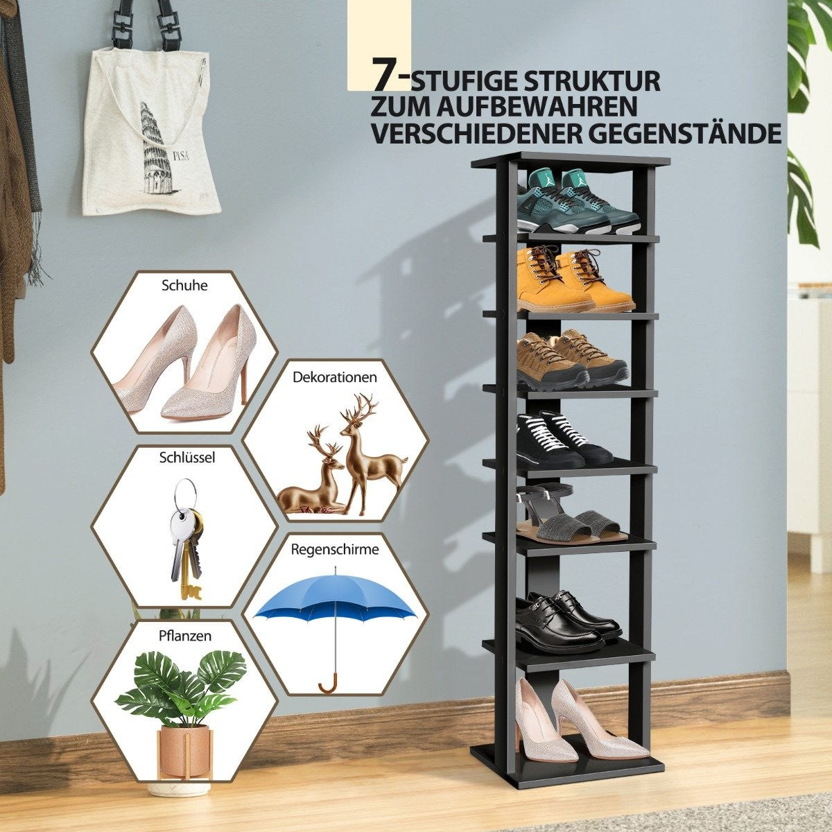 Wooden Shoe Rack 8 Tier Shoe Rack Shoe Organizer Vertical 27.5x26.5x110cm Black