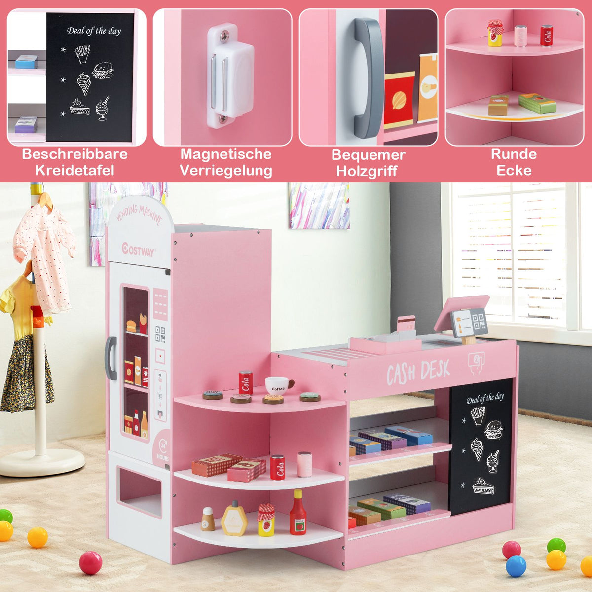 Wooden Supermarket Playset, Cash Register, Vending Machine, Pink