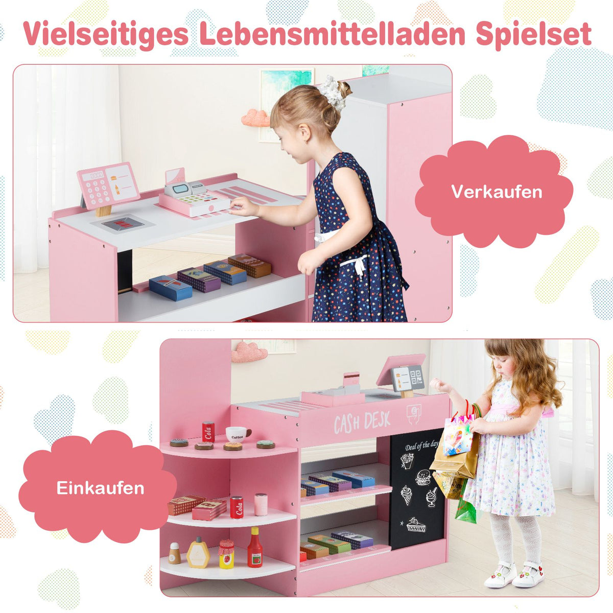 Wooden Supermarket Playset, Cash Register, Vending Machine, Pink