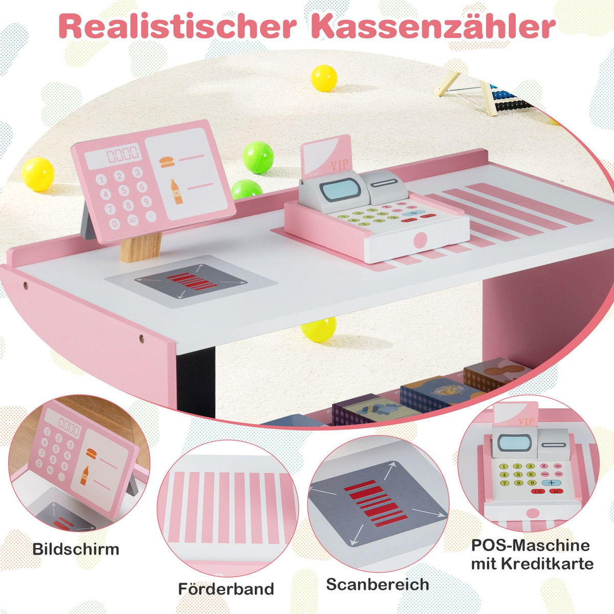 Wooden Supermarket Playset, Cash Register, Vending Machine, Pink